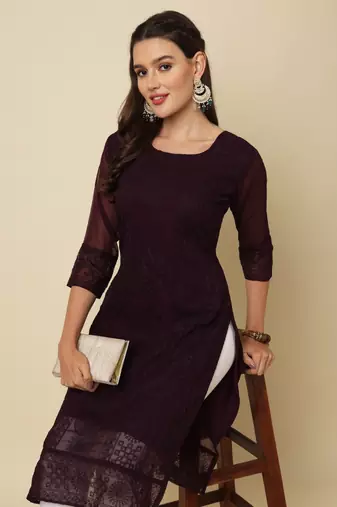Elegant thread chikankari embroidery coffee colour georgette kurti