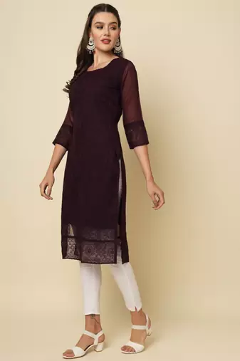 Elegant thread chikankari embroidery coffee colour georgette kurti