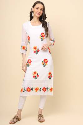 Beautifully floral embroidered white colour georgette kurta for party looks 1