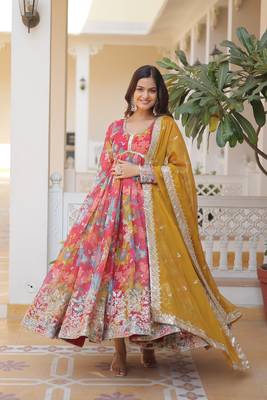 Amazingly beautiful pink colour ethnic gown with dupatta and elegant embroidery work 1