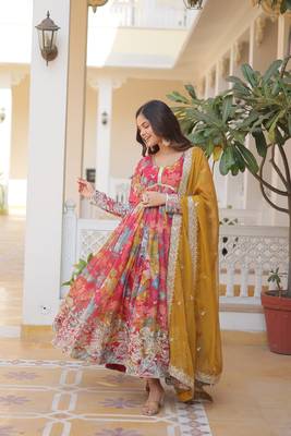 Amazingly beautiful pink colour ethnic gown with dupatta and elegant embroidery work 4