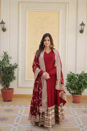 Amazingly beautiful maroon colour gown with dupatta and elegant embroidery 