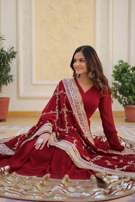 Amazingly beautiful maroon colour gown with dupatta and elegant embroidery  3