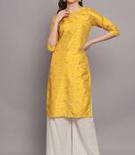 Ethnic and rich looks yellow colour poly silk designer foil printed kurti