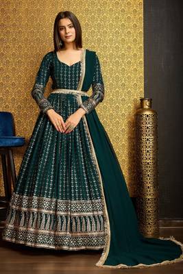 Green colour designer metalic foil work partywear gown with dupatta 1