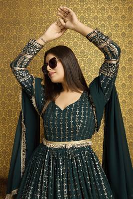 Green colour designer metalic foil work partywear gown with dupatta 2