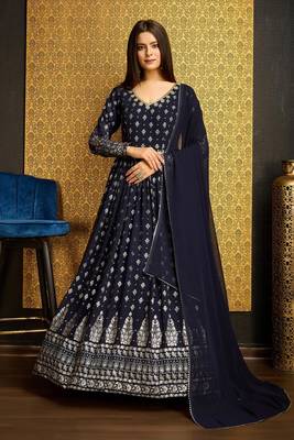 Navy blue colour designer metalic foil with hand work partywear gown with dupatta 1