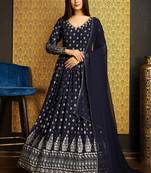 Navy blue colour designer metalic foil with hand work partywear gown with dupatta