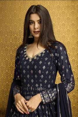 Navy blue colour designer metalic foil with hand work partywear gown with dupatta 2