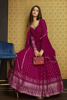 Pink colour designer metalic foil with hand work partywear gown with dupatta 2