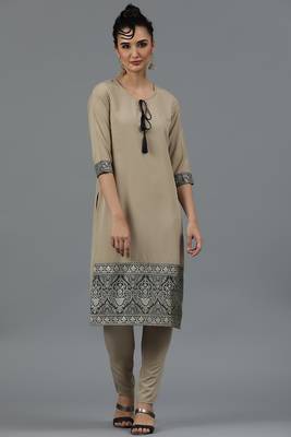 Festive wear pista foil printed beige colour kurti bottom set 1