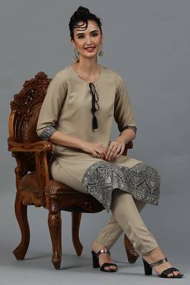 Festive wear pista foil printed beige colour kurti bottom set 3