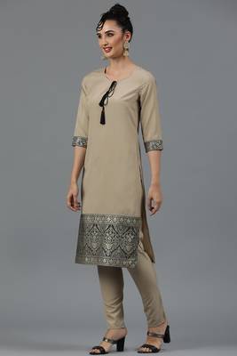 Festive wear pista foil printed beige colour kurti bottom set 4