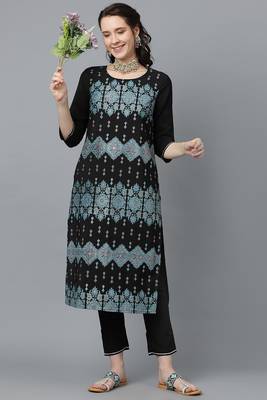 Festive wear foil printed black colour kurti bottom set 1