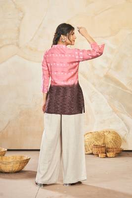 Woven farr designer with sequance work modal silk pink colour short kurti for party looks 2