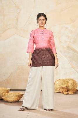 Woven farr designer with sequance work modal silk pink colour short kurti for party looks 3