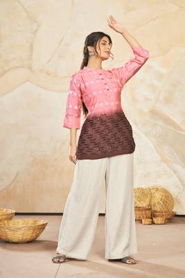 Woven farr designer with sequance work modal silk pink colour short kurti for party looks 1