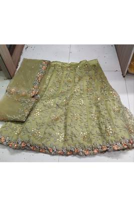 Green Net Multicolor Zari Work Floral Embroidered Wedding Lehenga Choli with Net Blouse 3