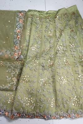 Green Net Multicolor Zari Work Floral Embroidered Wedding Lehenga Choli with Net Blouse 4