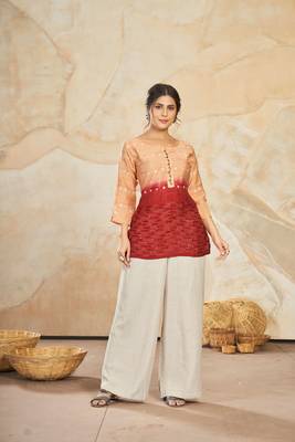 Woven farr designer with sequance work modal silk peach colour short kurti for party looks 1