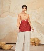 Woven farr designer with sequance work modal silk peach colour short kurti for party looks