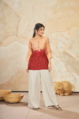 Woven farr designer with sequance work modal silk peach colour short kurti for party looks 2