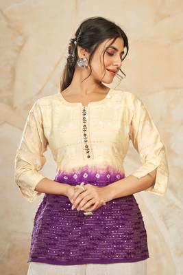 Woven farr designer with sequance work modal silk beige colour short kurti for party looks 1