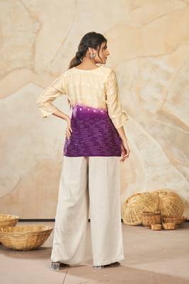 Woven farr designer with sequance work modal silk beige colour short kurti for party looks 2