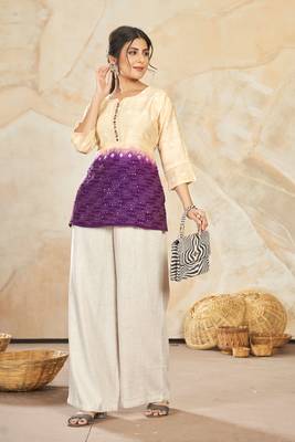 Woven farr designer with sequance work modal silk beige colour short kurti for party looks 3