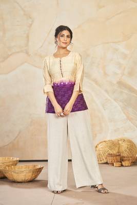 Woven farr designer with sequance work modal silk beige colour short kurti for party looks 4