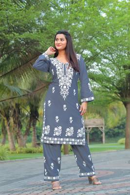Grey colour ethnic chikankari embroidery work kurta bottom set 1