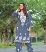 Grey colour ethnic chikankari embroidery work kurta bottom set