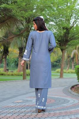 Grey colour ethnic chikankari embroidery work kurta bottom set 2