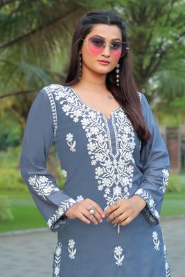 Grey colour ethnic chikankari embroidery work kurta bottom set 3