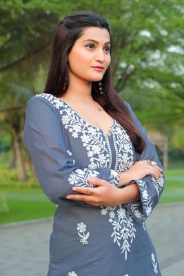 Grey colour ethnic chikankari embroidery work kurta bottom set 4