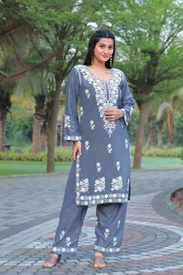 Grey colour ethnic chikankari embroidery work kurta bottom set 5