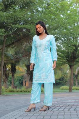 Sky blue colour ethnic chikankari embroidery work kurta bottom set 1