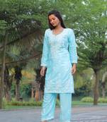 Sky blue colour ethnic chikankari embroidery work kurta bottom set