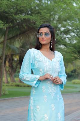 Sky blue colour ethnic chikankari embroidery work kurta bottom set 3