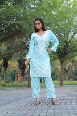 Sky blue colour ethnic chikankari embroidery work kurta bottom set 4
