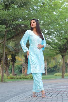 Sky blue colour ethnic chikankari embroidery work kurta bottom set 5