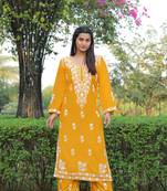 Yellow colour ethnic chikankari embroidery work kurta bottom set