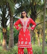 Orange colour ethnic chikankari embroidery work kurta bottom set