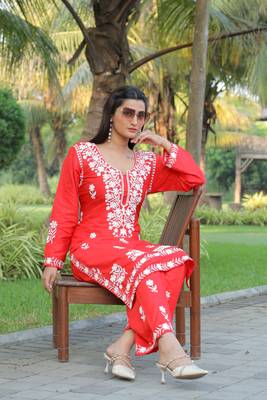 Orange colour ethnic chikankari embroidery work kurta bottom set 3