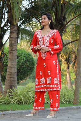 Orange colour ethnic chikankari embroidery work kurta bottom set 4
