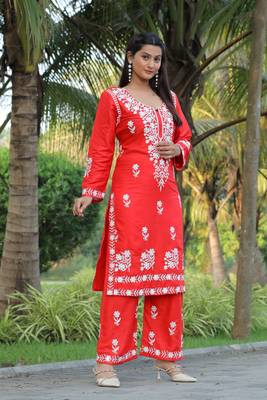 Orange colour ethnic chikankari embroidery work kurta bottom set 5