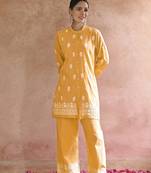 Yellow colour beautiful chikankari work festive wear kurti bottom set