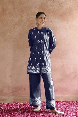 Blue colour beautiful chikankari work festive wear kurti bottom set 1