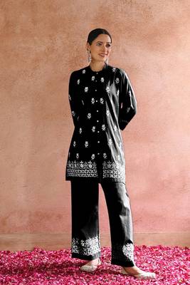 Black colour beautiful chikankari work festive wear kurti bottom set 1