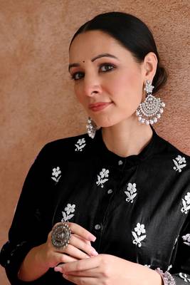 Black colour beautiful chikankari work festive wear kurti bottom set 3